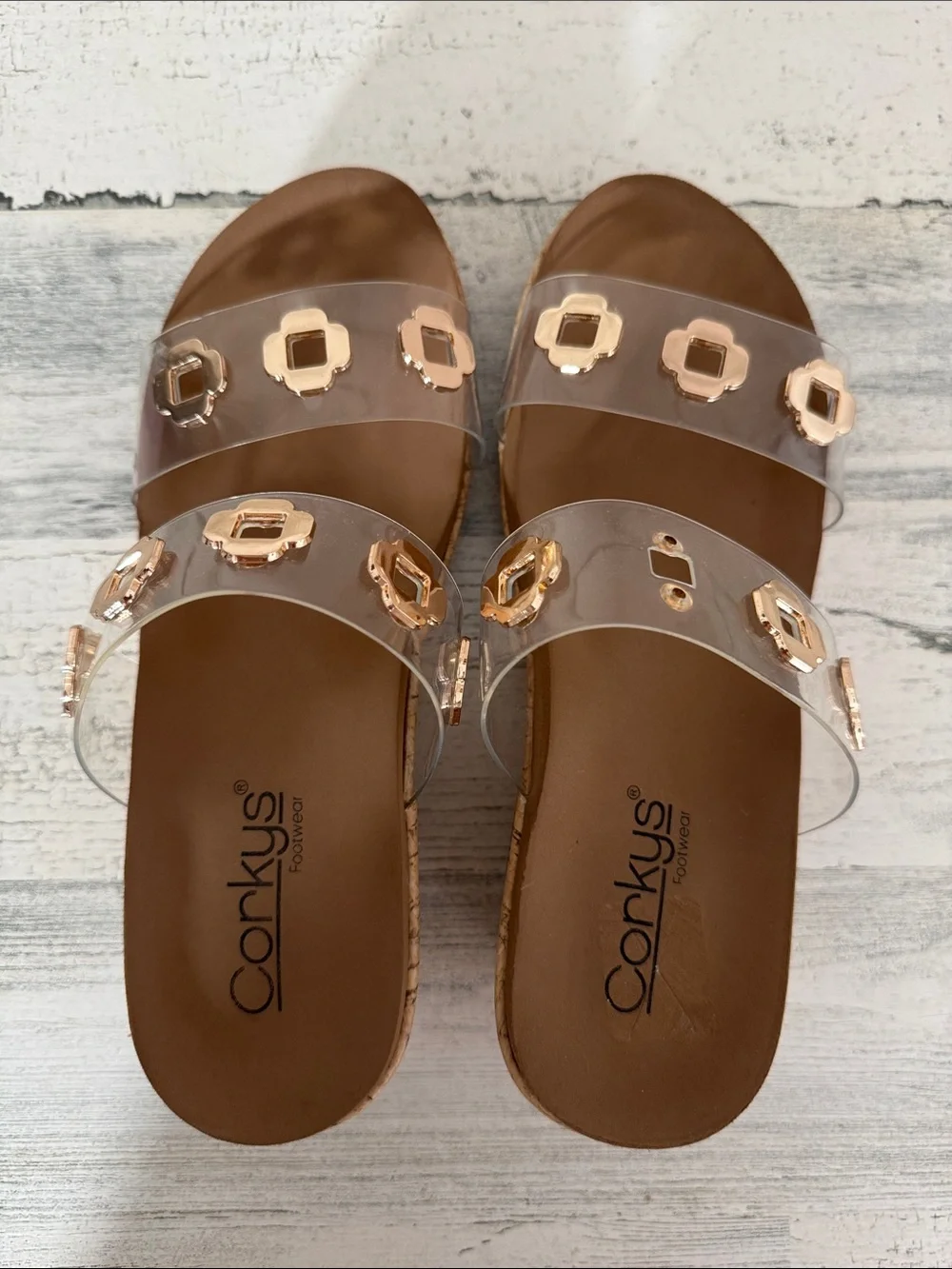 CORKYS CLEAR HIGH TIDE GOLD TRIM WEDGE SHOES - 9